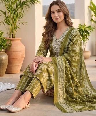Women Floral Printed Regular Thread Work Kurta with Trousers & With Dupatta 5