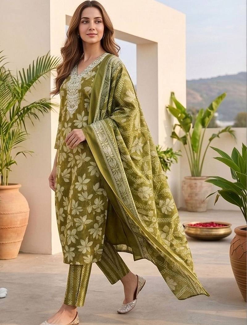 Women Floral Printed Regular Thread Work Kurta with Trousers & With Dupatta