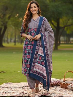 Floral Printed V-Neck Angrakha A-Line Kurta With Trousers & Dupatta 1