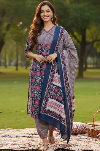 Floral Printed V-Neck Angrakha A-Line Kurta With Trousers & Dupatta