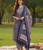 Floral Printed V-Neck Angrakha A-Line Kurta With Trousers & Dupatta