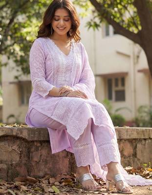 Women Ethnic Motifs Embroidered Regular Chikankari Pure Cotton Kurta with Trousers & With Dupatta 1