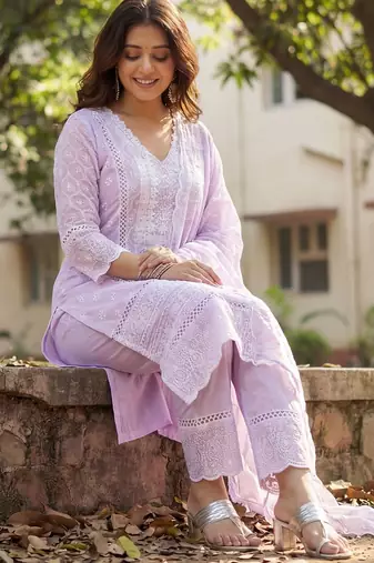 Women Ethnic Motifs Embroidered Regular Chikankari Pure Cotton Kurta with Trousers & With Dupatta