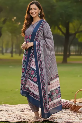 Floral Printed V-Neck Angrakha A-Line Kurta With Trousers & Dupatta