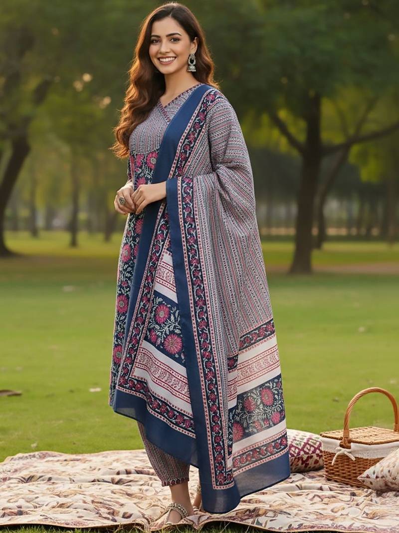 Floral Printed V-Neck Angrakha A-Line Kurta With Trousers & Dupatta