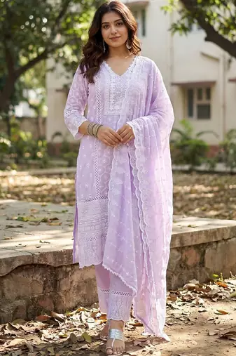 Women Ethnic Motifs Embroidered Regular Chikankari Pure Cotton Kurta with Trousers & With Dupatta