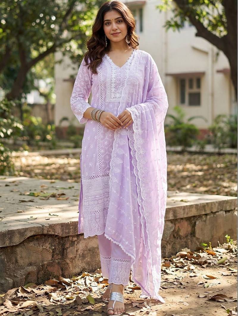 Women Ethnic Motifs Embroidered Regular Chikankari Pure Cotton Kurta with Trousers & With Dupatta
