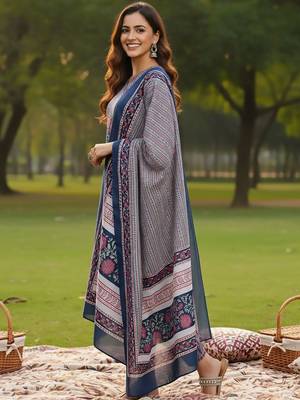 Floral Printed V-Neck Angrakha A-Line Kurta With Trousers & Dupatta 3
