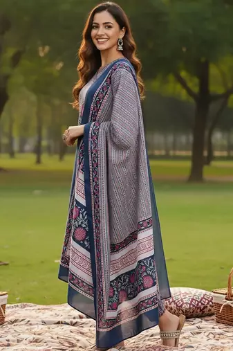 Floral Printed V-Neck Angrakha A-Line Kurta With Trousers & Dupatta