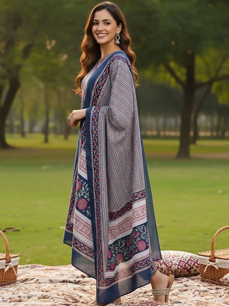 Floral Printed V-Neck Angrakha A-Line Kurta With Trousers & Dupatta