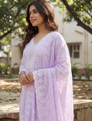 Women Ethnic Motifs Embroidered Regular Chikankari Pure Cotton Kurta with Trousers & With Dupatta 4