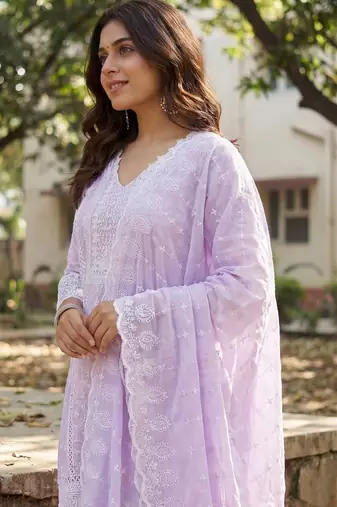 Women Ethnic Motifs Embroidered Regular Chikankari Pure Cotton Kurta with Trousers & With Dupatta