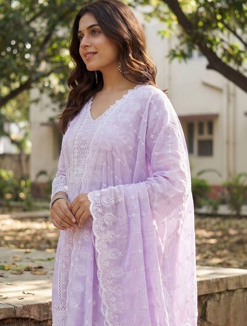 Women Ethnic Motifs Embroidered Regular Chikankari Pure Cotton Kurta with Trousers & With Dupatta