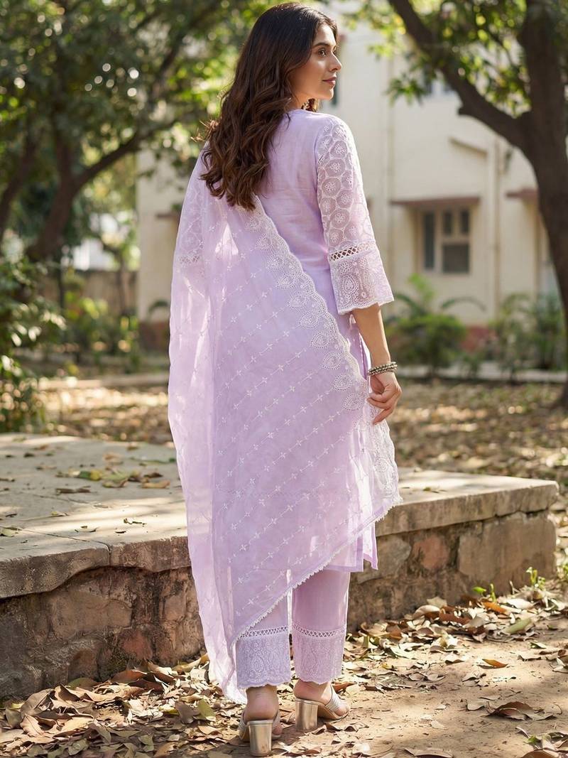 Women Ethnic Motifs Embroidered Regular Chikankari Pure Cotton Kurta with Trousers & With Dupatta