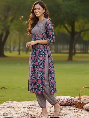 Floral Printed V-Neck Angrakha A-Line Kurta With Trousers & Dupatta 4