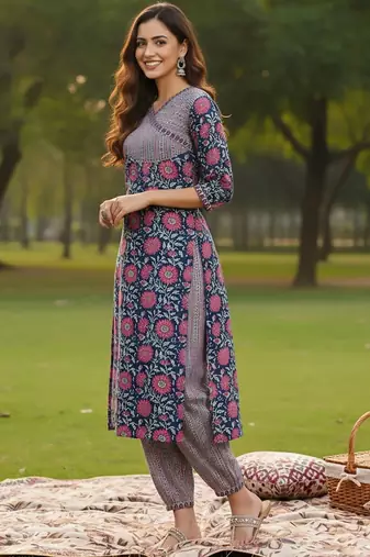 Floral Printed V-Neck Angrakha A-Line Kurta With Trousers & Dupatta