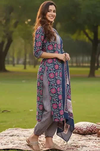 Floral Printed V-Neck Angrakha A-Line Kurta With Trousers & Dupatta