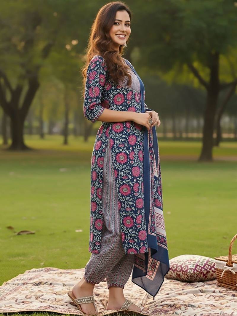 Floral Printed V-Neck Angrakha A-Line Kurta With Trousers & Dupatta