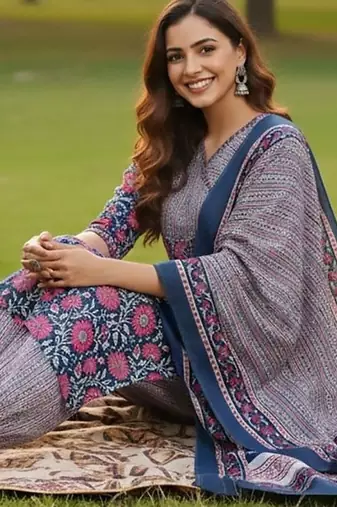 Floral Printed V-Neck Angrakha A-Line Kurta With Trousers & Dupatta