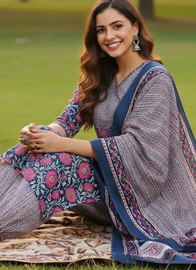 Floral Printed V-Neck Angrakha A-Line Kurta With Trousers & Dupatta