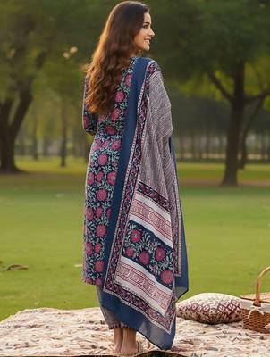 Floral Printed V-Neck Angrakha A-Line Kurta With Trousers & Dupatta 7