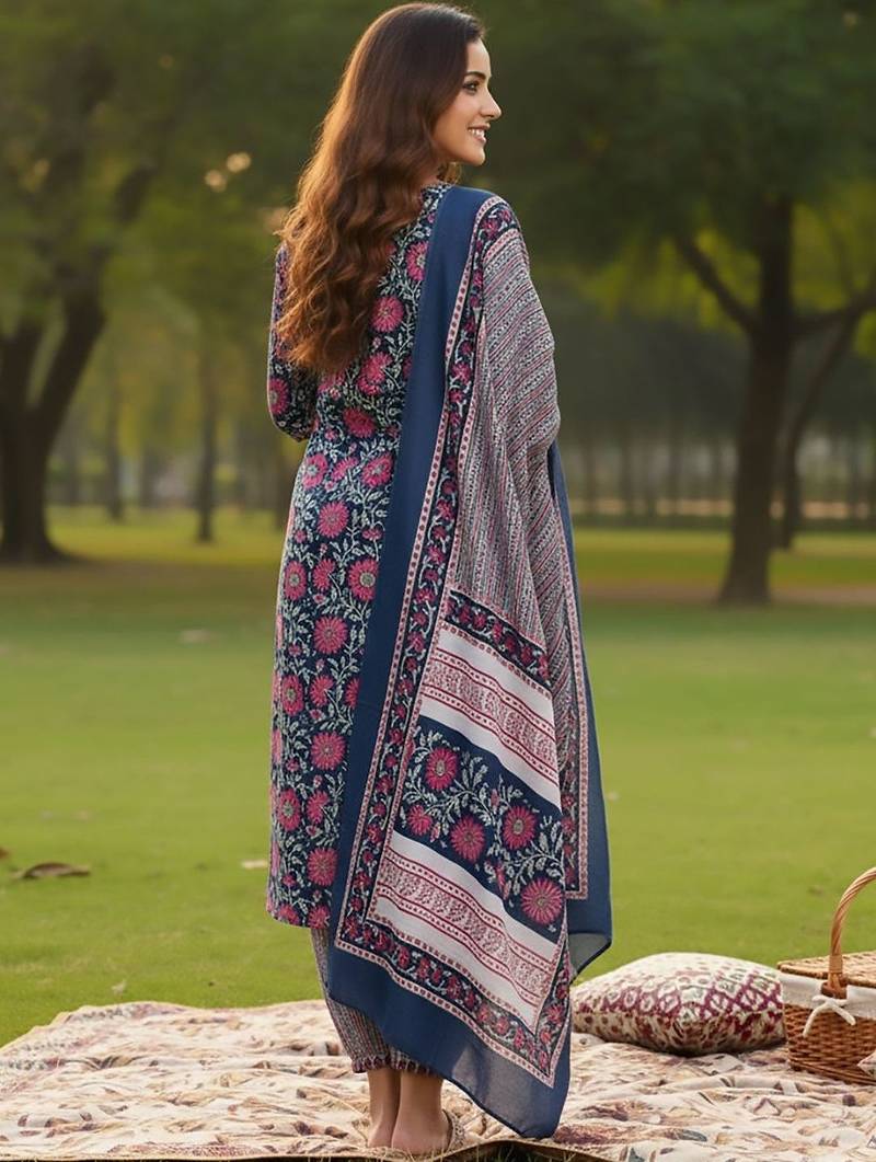Floral Printed V-Neck Angrakha A-Line Kurta With Trousers & Dupatta