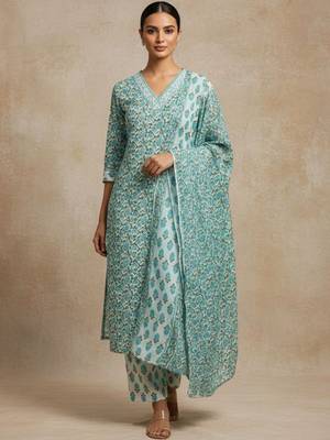 Women Ethnic Motifs Printed Regular Pure Cotton Kurta with Trousers & With Dupatta 1
