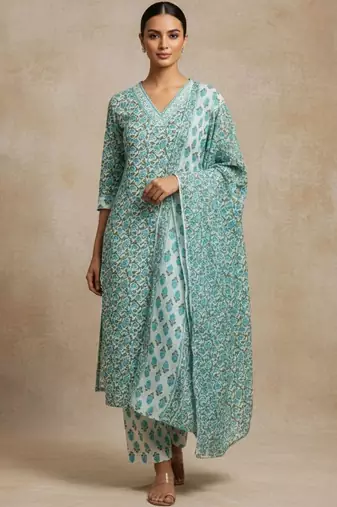 Women Ethnic Motifs Printed Regular Pure Cotton Kurta with Trousers & With Dupatta