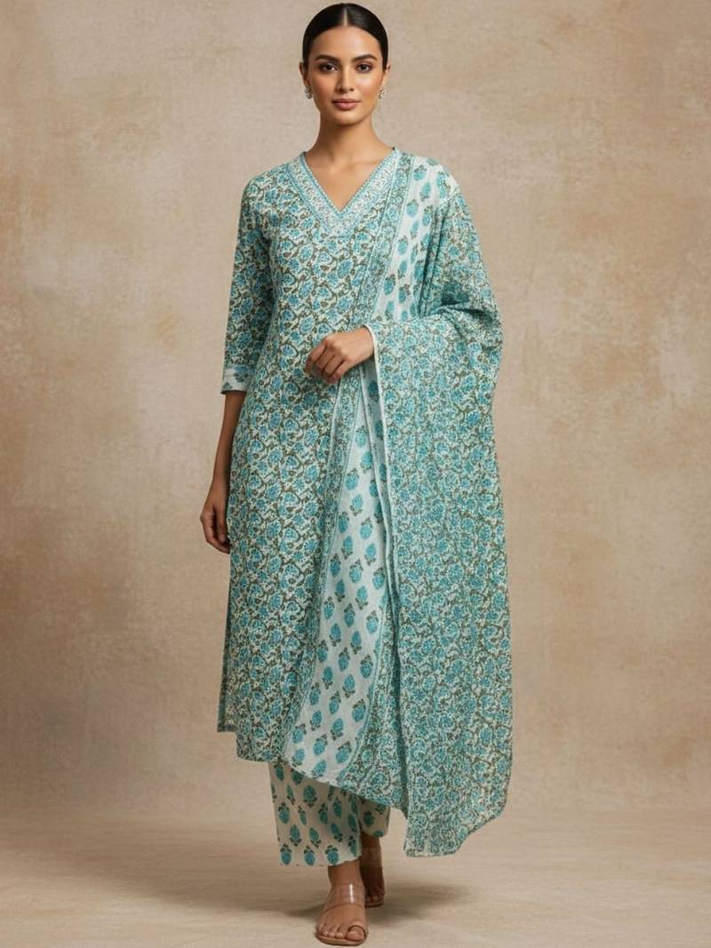 Women Ethnic Motifs Printed Regular Pure Cotton Kurta with Trousers & With Dupatta