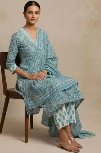 Women Ethnic Motifs Printed Regular Pure Cotton Kurta with Trousers & With Dupatta