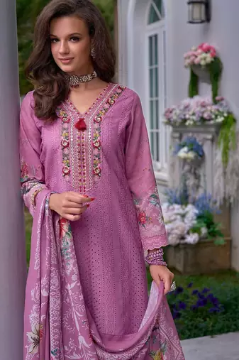 Floral Embroidered Mirror Work Pure Cotton Kurta With Trousers & Dupatta