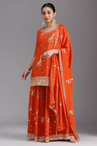 Orange embroidered chinon semi-stitched palazzo style salwar suit
