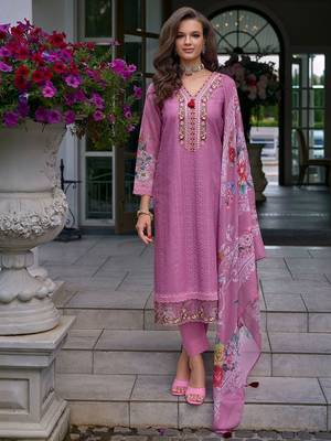 Floral Embroidered Mirror Work Pure Cotton Kurta With Trousers & Dupatta 1