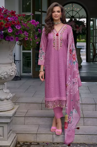Floral Embroidered Mirror Work Pure Cotton Kurta With Trousers & Dupatta