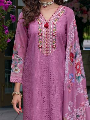 Floral Embroidered Mirror Work Pure Cotton Kurta With Trousers & Dupatta 3