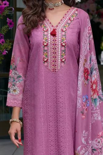 Floral Embroidered Mirror Work Pure Cotton Kurta With Trousers & Dupatta