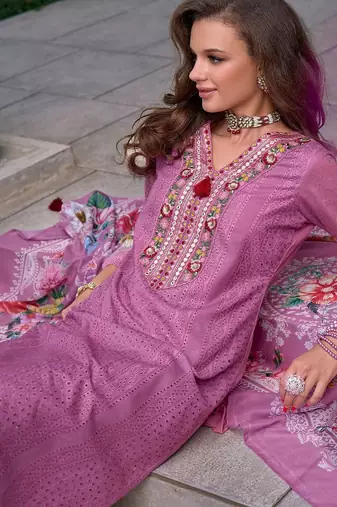 Floral Embroidered Mirror Work Pure Cotton Kurta With Trousers & Dupatta