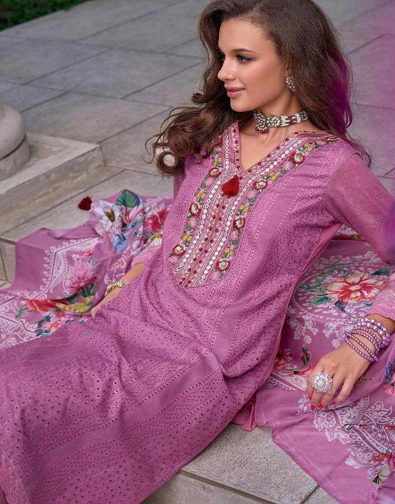 Floral Embroidered Mirror Work Pure Cotton Kurta With Trousers & Dupatta