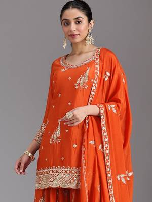 Orange embroidered chinon semi-stitched palazzo style salwar suit 2