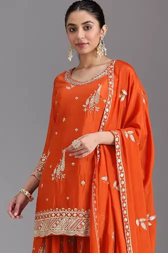 Orange embroidered chinon semi-stitched palazzo style salwar suit