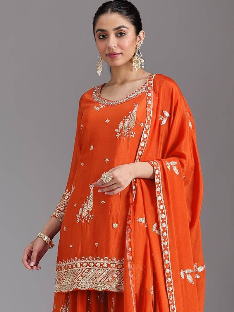 Orange embroidered chinon semi-stitched palazzo style salwar suit