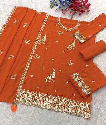 Orange embroidered chinon semi-stitched palazzo style salwar suit 3
