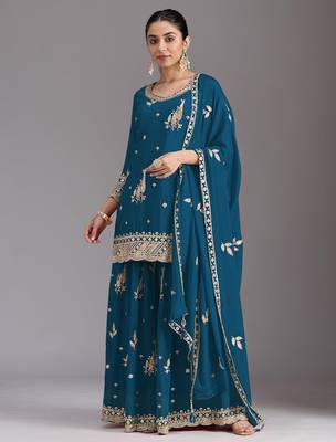 Teal blue embroidered chinon semi-stitched palazzo style salwar suit 1