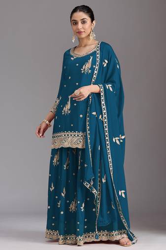 Teal blue embroidered chinon semi-stitched palazzo style salwar suit
