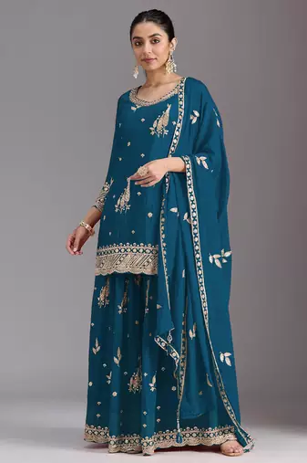 Teal blue embroidered chinon semi-stitched palazzo style salwar suit