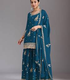 Teal blue embroidered chinon semi-stitched palazzo style salwar suit