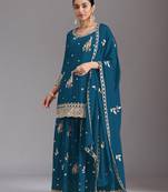 Teal blue embroidered chinon semi-stitched palazzo style salwar suit