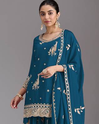 Teal blue embroidered chinon semi-stitched palazzo style salwar suit 2