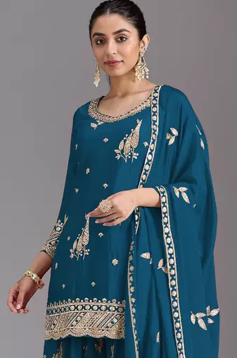 Teal blue embroidered chinon semi-stitched palazzo style salwar suit