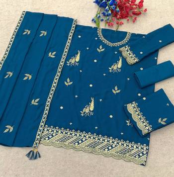 Teal blue embroidered chinon semi-stitched palazzo style salwar suit 3